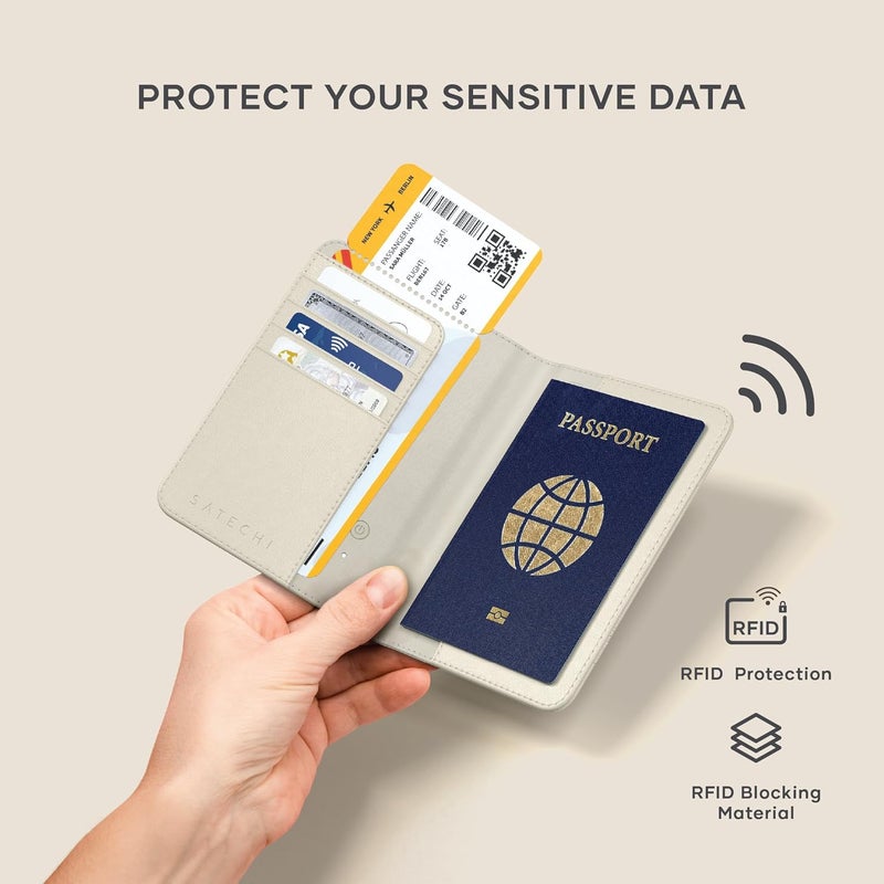 SATECHI Passport Holder for Travel with Find My, Passport Cover with 4 Card Holder, Wireless Charging, and RFID protection – Travel Essential Vegan Leather Passport– Sand - Image 5
